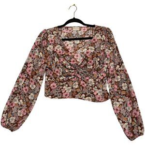 Altar’d State Floral Twist Front Cropped Blouse Boho V-Neck Long Sleeve Size M